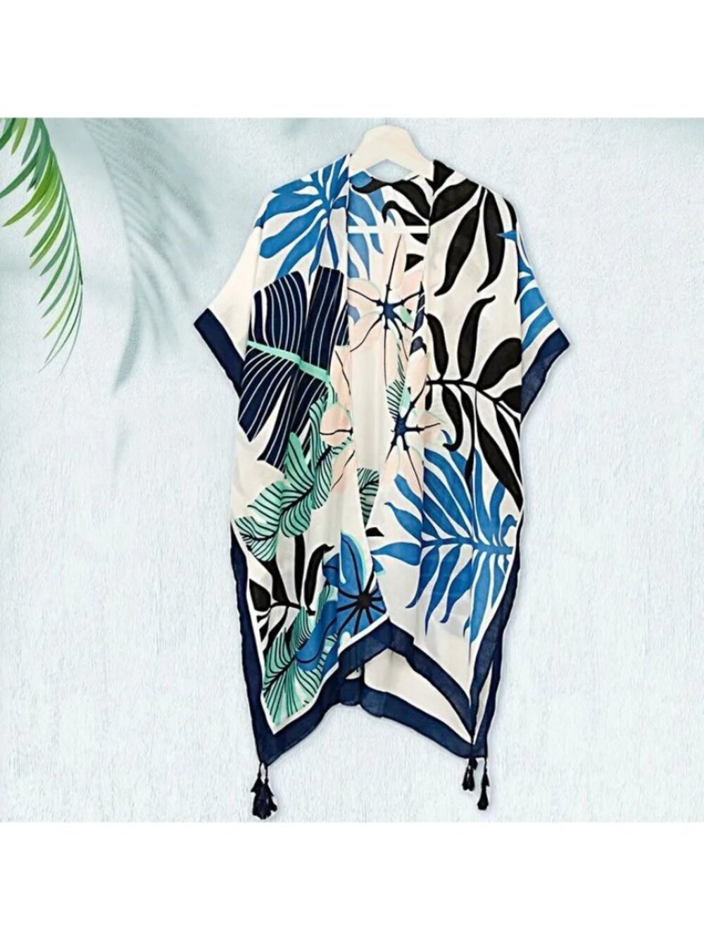Navy Palm Tree Tropical Kimono Tassels  One Size  Womens Beach Cover Up Cruise